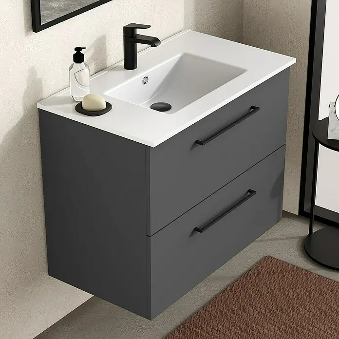 Artysan Mueble bajo de lavabo Arosa - L x An x Al: 44,6 x 80 x 64 cm, Antracita - Imagen de un mueble de baño moderno con dos cajones grises, una encimera blanca y un elegante grifo negro.