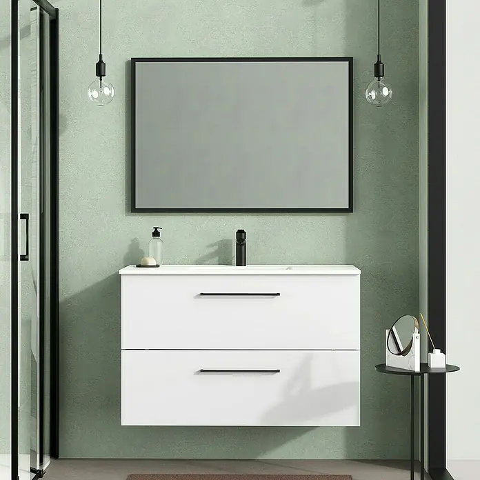Artysan Mueble bajo de lavabo Arosa - L x An x Al: 44,6 x 100 x 64 cm, Blanco - Un baño elegante con un moderno tocador blanco de dos cajones, un grifo de lavabo negro y un espejo.