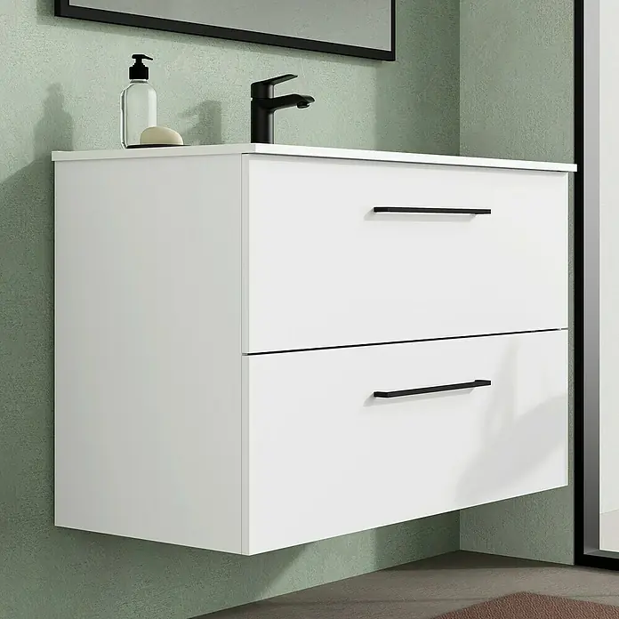 Artysan Mueble bajo de lavabo Arosa - L x An x Al: 44,6 x 100 x 64 cm, Blanco - Mueble de baño blanco con dos cajones y tiradores negros instalado en una pared verde.