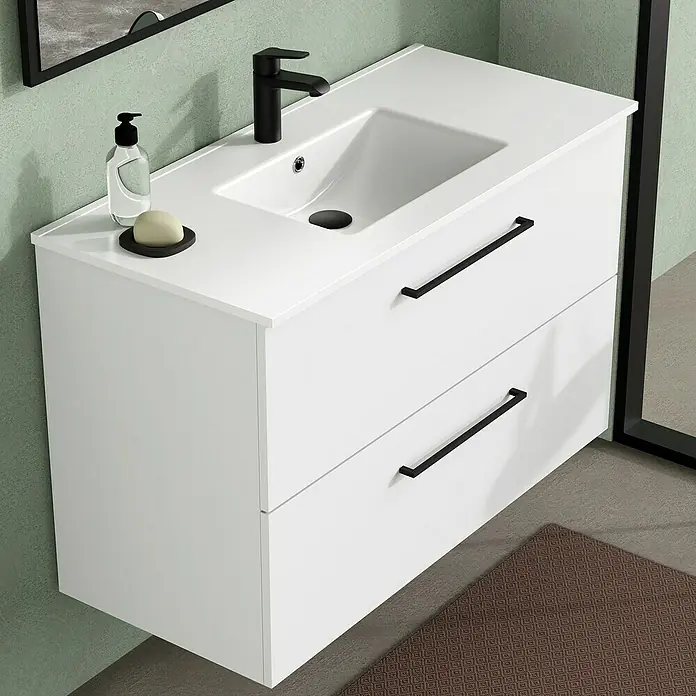 Artysan Mueble bajo de lavabo Arosa - L x An x Al: 44,6 x 100 x 64 cm, Blanco - Un moderno mueble de baño con cajones blancos y un grifo negro. También se muestran dispensador de jabón y jabón.