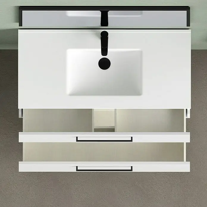 Artysan Mueble bajo de lavabo Arosa - L x An x Al: 44,6 x 100 x 64 cm, Blanco - Vista superior de un mueble de baño blanco con lavabo, grifo negro y dos cajones abiertos con tiradores negros, que muestra su diseño moderno.