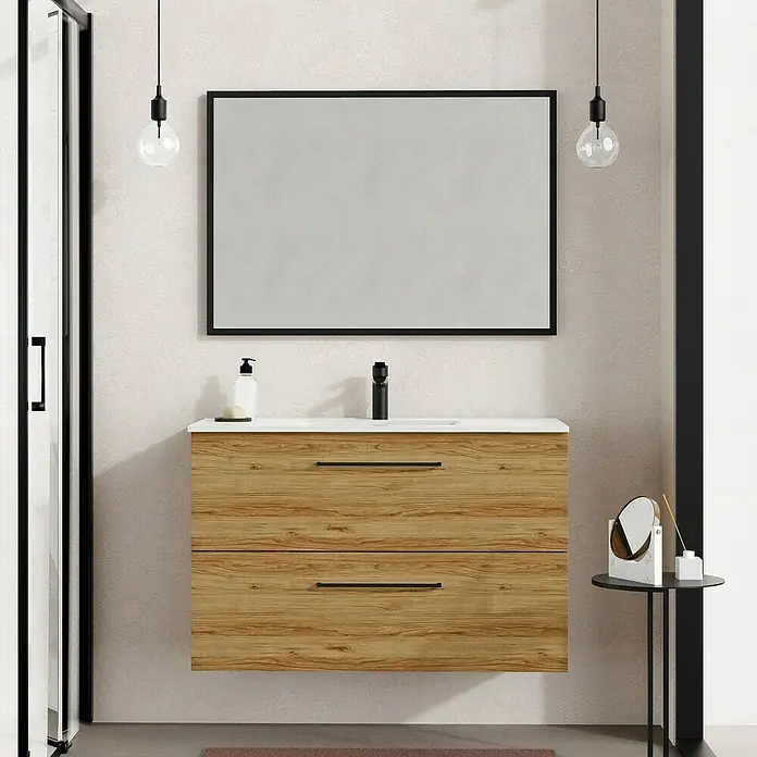 Artysan Mueble bajo de lavabo Arosa - L x An x Al: 44,6 x 100 x 64 cm, Roble Guadarrama - Mueble de baño moderno con acabado de madera, dos cajones y un espejo elegante. Las elegantes lámparas añaden estilo.