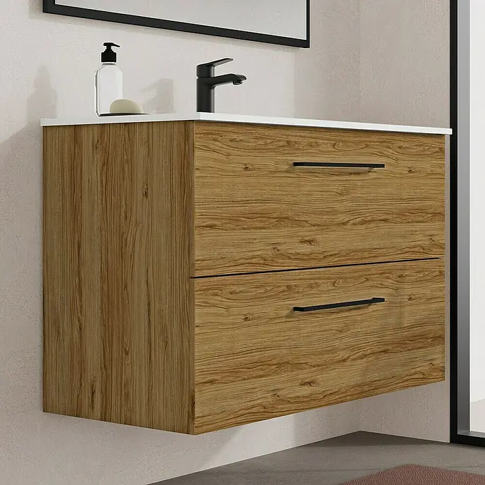 Artysan Mueble bajo de lavabo Arosa - L x An x Al: 44,6 x 100 x 64 cm, Roble Guadarrama - Mueble de baño moderno con aspecto de madera, dos cajones y tiradores negros.