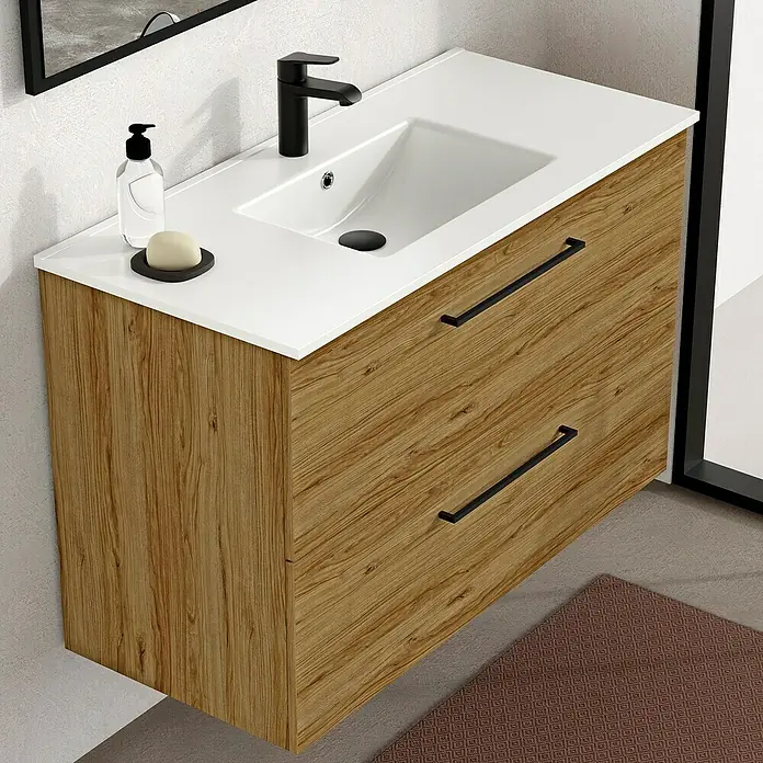 Artysan Mueble bajo de lavabo Arosa - L x An x Al: 44,6 x 100 x 64 cm, Roble Guadarrama - Primer plano de un mueble de baño con dos cajones, un lavabo blanco y un grifo negro mate.