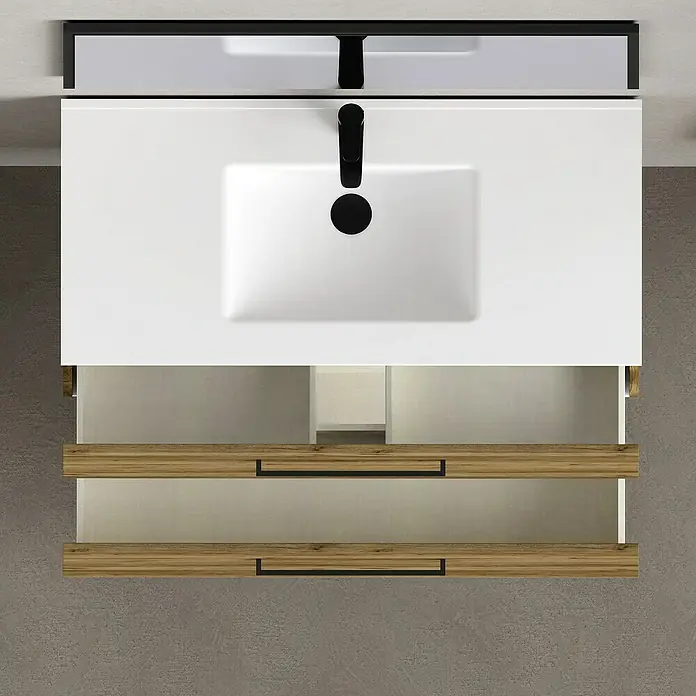 Artysan Mueble bajo de lavabo Arosa - L x An x Al: 44,6 x 100 x 64 cm, Roble Guadarrama - Lavabo moderno con mueble bajo en blanco y aspecto de madera, incluyendo grifo negro y dos cajones abiertos.