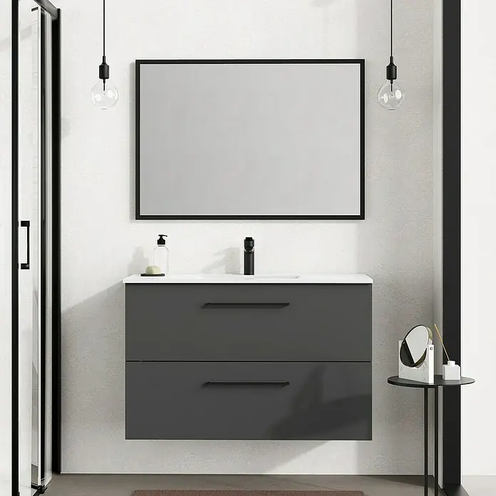 Artysan Mueble bajo de lavabo Arosa - L x An x Al: 44,6 x 100 x 64 cm, Antracita - Mueble de lavabo gris con dos cajones, grifo negro y espejo rectangular para un diseño de baño moderno y funcional.