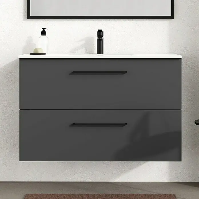Artysan Mueble bajo de lavabo Arosa - L x An x Al: 44,6 x 100 x 64 cm, Antracita - Un moderno tocador de baño gris con dos cajones, una encimera blanca, un grifo negro y un dispensador de jabón para un espacio elegante y organizado.