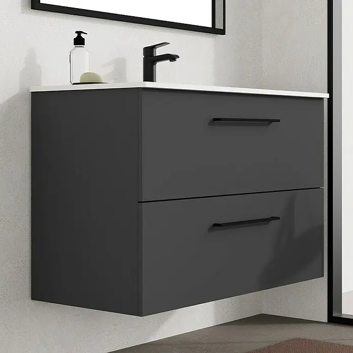 Artysan Mueble bajo de lavabo Arosa - L x An x Al: 44,6 x 100 x 64 cm, Antracita - Mueble de baño con dos cajones en antracita y encimera blanca con grifo, jabón y dispensador de jabón.