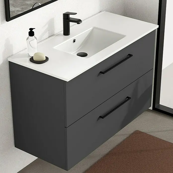 Artysan Mueble bajo de lavabo Arosa - L x An x Al: 44,6 x 100 x 64 cm, Antracita - Moderno tocador de baño con dos cajones grises, encimera blanca, grifo, jabón y dispensador para un diseño elegante.