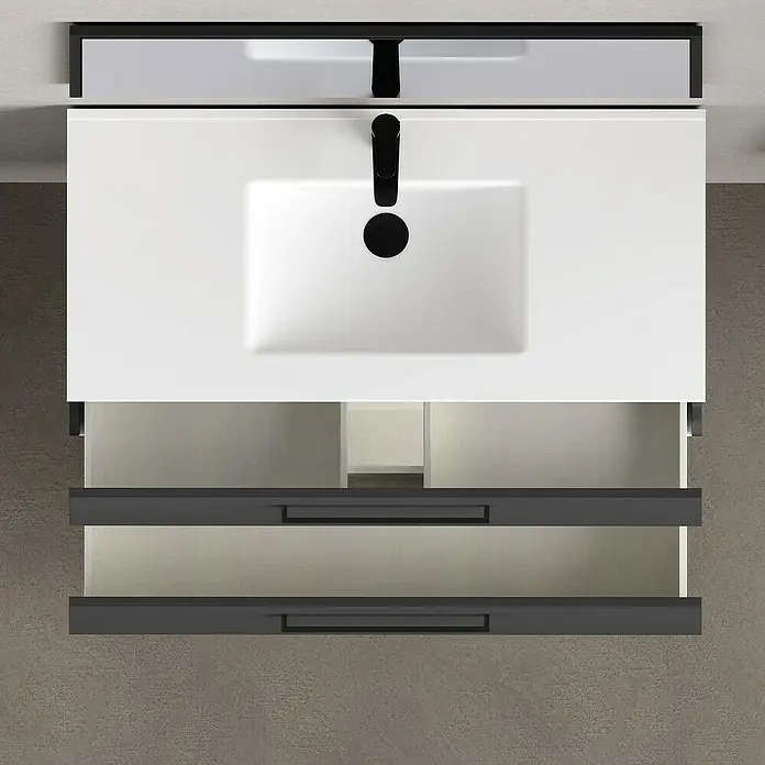 Artysan Mueble bajo de lavabo Arosa - L x An x Al: 44,6 x 100 x 64 cm, Antracita - Mueble de lavabo con dos cajones abiertos y grifo moderno para un baño elegante.