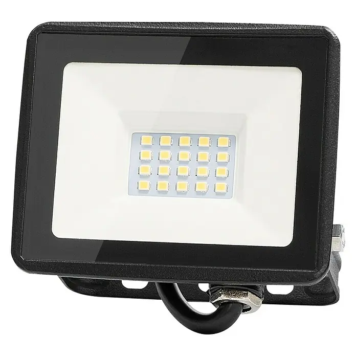 Garza Proyector LED Basic - 20 W - Primer plano de un foco LED negro con un cabezal de lámpara rectangular blanco y un cable negro.