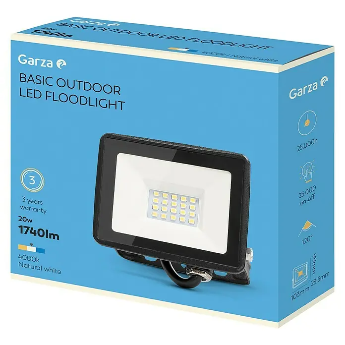Garza Proyector LED Basic - 20 W - Un embalaje azul para el foco LED de exterior Garza, que muestra su diseño de bajo consumo y larga duración.