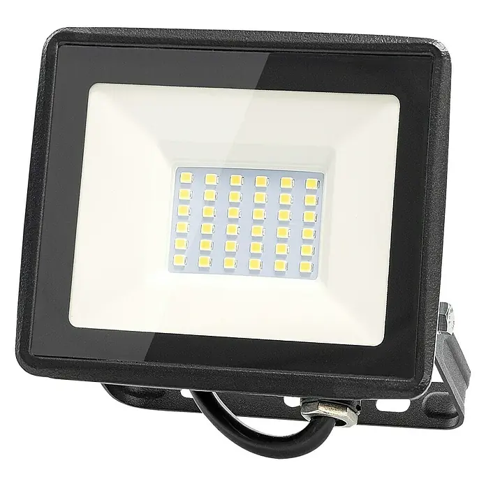 Garza Proyector LED Basic - 30 W - Primer plano de un foco LED con carcasa negra y LEDs brillantes, diseñado para iluminación exterior.