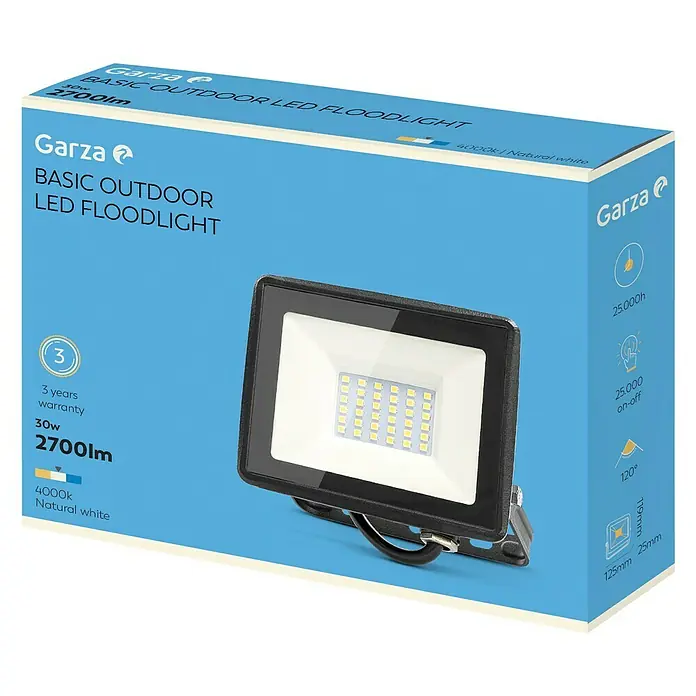 Garza Proyector LED Basic - 30 W - Embalaje de un foco LED exterior básico Garza con 2700lm, 30W, 4000K y 3 años de garantía. Diseño compacto.