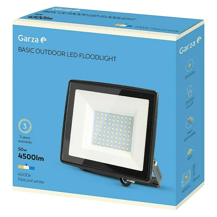 Garza Proyector LED Basic - 50 W - Imagen del embalaje de un foco LED para exteriores Basic de Garza, con detalles técnicos e información del fabricante.