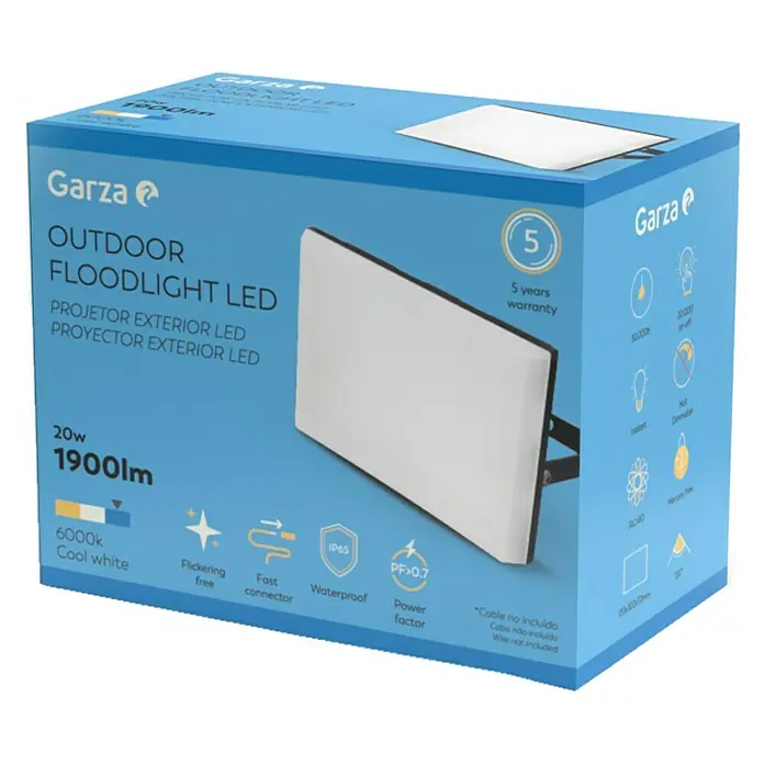 Garza Proyector LED Design - 20 W - Imagen de embalaje para un foco LED exterior Garza de 20W y 1900lm, con garantía de 5 años e IP65.