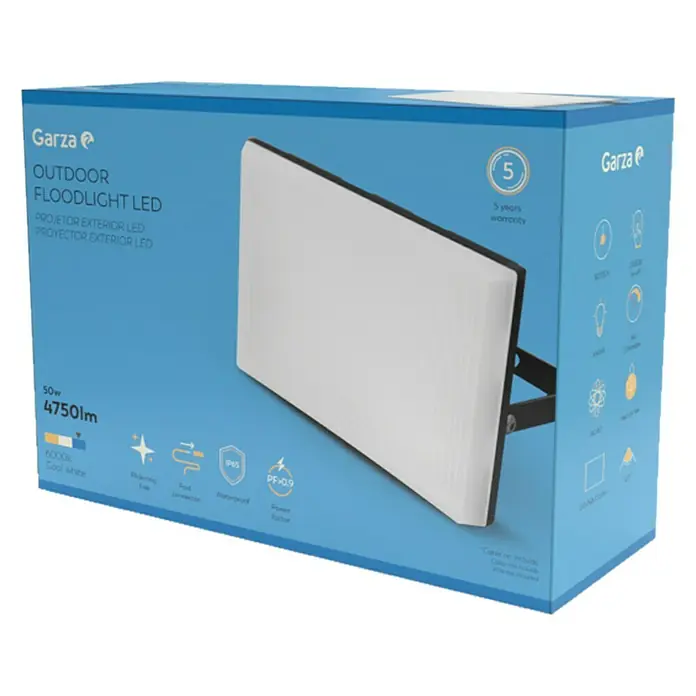 Garza Proyector LED Design - 50 W - Embalaje del producto de un foco LED exterior Garza de 50W, 4750lm y 5 años de garantía para uso en exteriores.