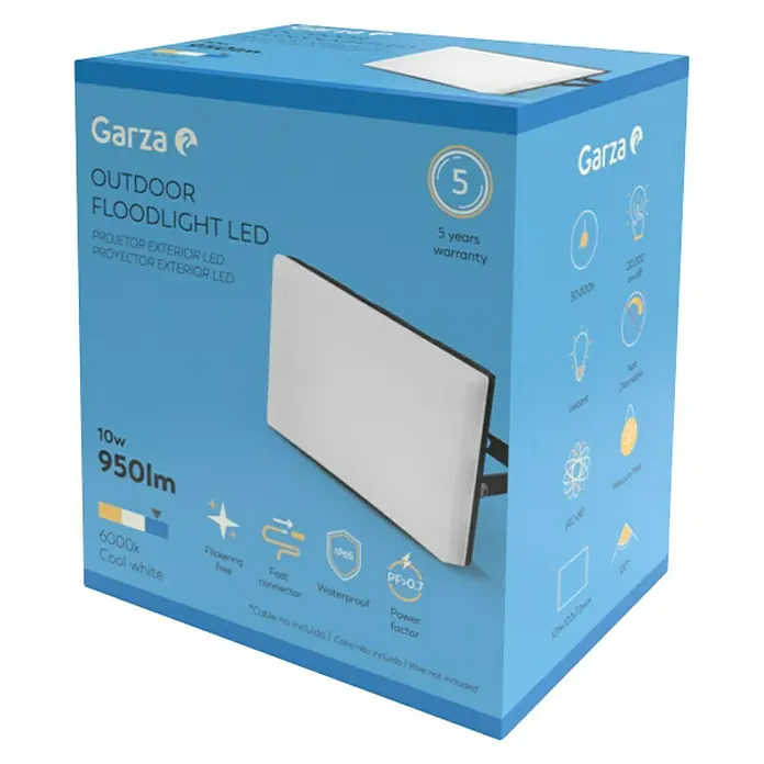 Garza Proyector LED Design - 10 W - Caja azul de un foco LED de exterior Garza de 10W con 950lm y temperatura de color de 6000K, con 5 años de garantía.