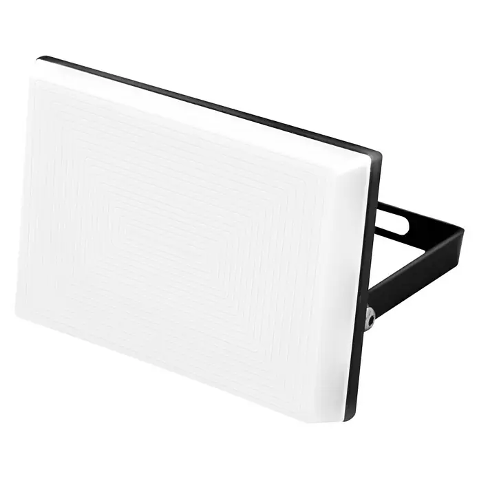 Garza Proyector LED Design - 20 W - Primer plano de un panel LED rectangular blanco con cuadrados concéntricos, conectado a un soporte de montaje negro.