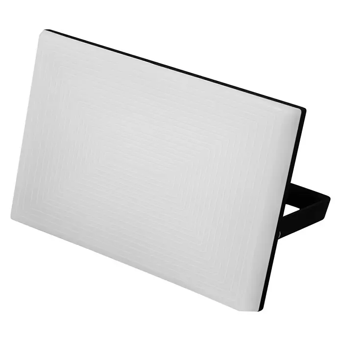 Garza Proyector LED Design - 50 W - Luz LED brillante con marco y soporte negros. La superficie luminosa tiene un patrón cuadrado concéntrico.