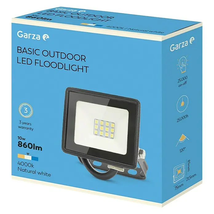 Garza Proyector LED Basic - 10 W - Imagen del embalaje de un foco LED para exteriores de Garza con 860lm, 10W de potencia y temperatura de color blanco natural de 4000K.