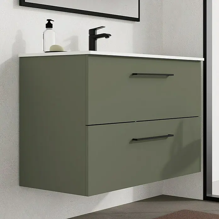 Artysan Mueble bajo de lavabo Arosa - L x An x Al: 44,6 x 100 x 64 cm, Musgo - Moderno tocador de baño color oliva con dos cajones y grifo negro para un ambiente elegante en el baño.