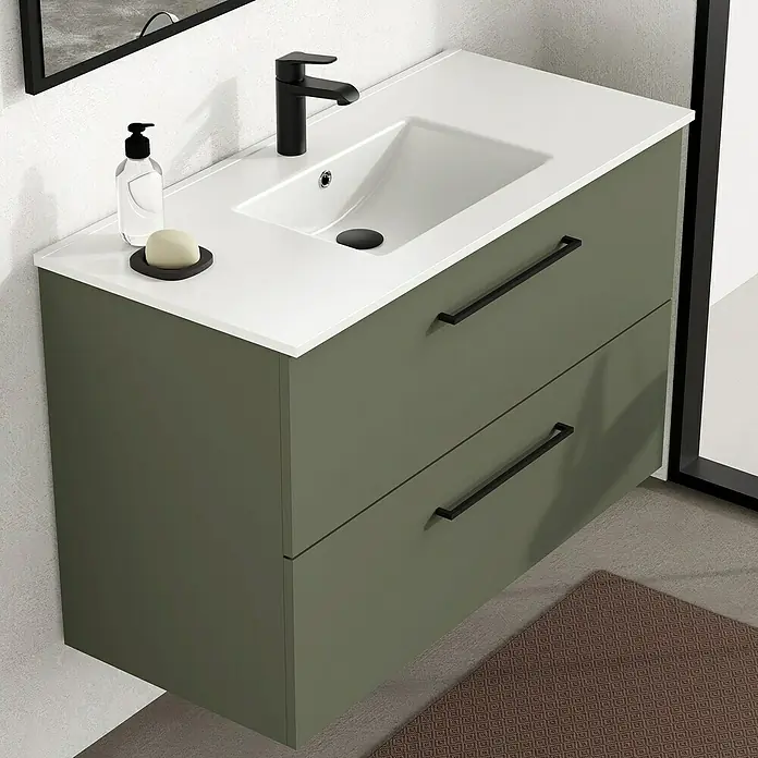 Artysan Mueble bajo de lavabo Arosa - L x An x Al: 44,6 x 100 x 64 cm, Musgo - Elegante lavabo de baño con mueble en verde oliva y lavabo blanco. El estilo moderno destaca por sus accesorios negros.