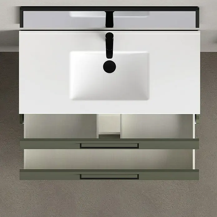 Artysan Mueble bajo de lavabo Arosa - L x An x Al: 44,6 x 100 x 64 cm, Musgo - Un moderno mueble de baño con lavabo sobre encimera blanco y dos cajones verdes. El diseño es minimalista y funcional.