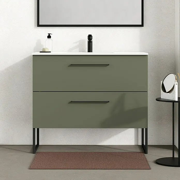 Artysan Mueble bajo de lavabo Arosa - L x An x Al: 44,6 x 100 x 64 cm, Musgo - Mueble de baño moderno verde oliva con dos cajones y un lavabo elegante para crear un ambiente de baño elegante.