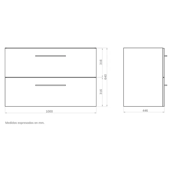 Artysan Mueble bajo de lavabo Arosa - L x An x Al: 44,6 x 100 x 64 cm, Musgo - Ilustración de un moderno mueble de lavabo con dos cajones, con dimensiones en mm. Perfecto para un baño elegante.