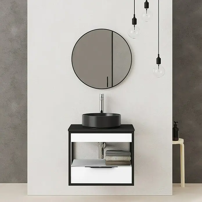 Artysan Conjunto de mueble de baño Izaro - Ancho: 60 cm, 3 pzs., Blanco/Negro, Mate - Lavabo de baño moderno con espejo redondo e iluminación elegante. El lavabo tiene un mueble con un cajón.