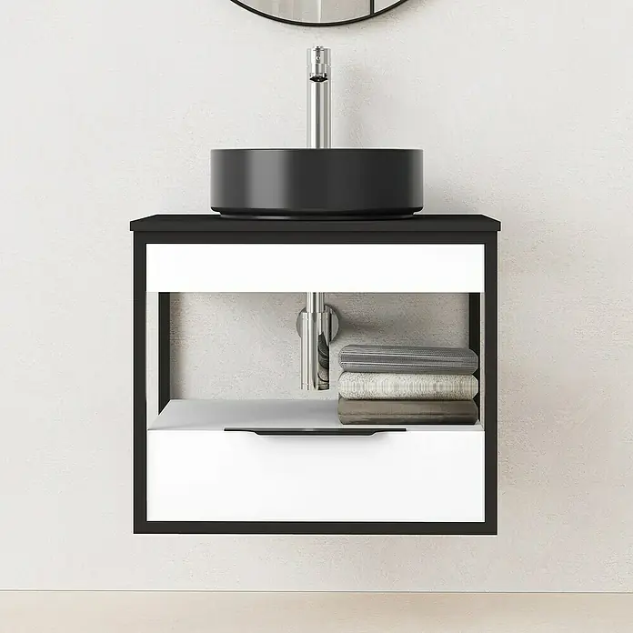 Artysan Conjunto de mueble de baño Izaro - Ancho: 60 cm, 3 pzs., Blanco/Negro, Mate - Elegante lavabo con recipiente negro y moderno mueble negro y blanco, incluyendo un estante práctico para toallas.