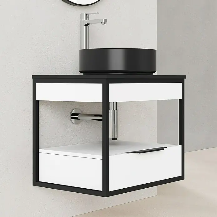 Artysan Conjunto de mueble de baño Izaro - Ancho: 60 cm, 3 pzs., Blanco/Negro, Mate - Imagen de un mueble de baño moderno con un lavabo sobre encimera negro y un armario blanco con estructura negra.