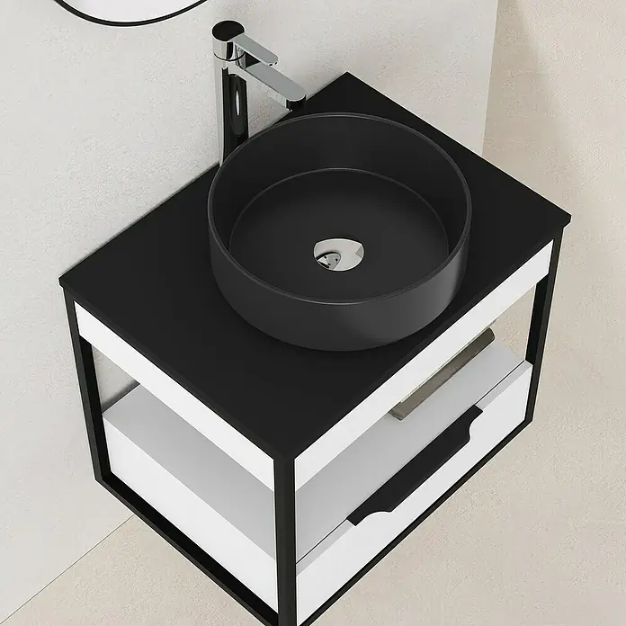 Artysan Conjunto de mueble de baño Izaro - Ancho: 60 cm, 3 pzs., Blanco/Negro, Mate - Elegante lavabo de baño con pila redonda negra y grifo cromado moderno sobre un elegante mueble en blanco y negro.