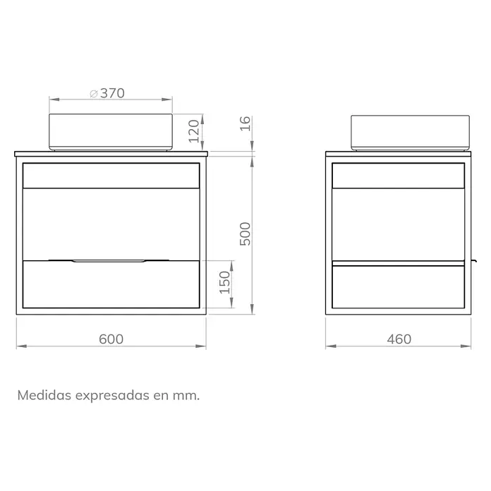 Artysan Conjunto de mueble de baño Izaro - Ancho: 60 cm, 3 pzs., Teja/Blanco, Mate - Diagrama de un mueble de baño, que mide 600x460 mm, con un lavabo redondo encima, diámetro 370 mm.