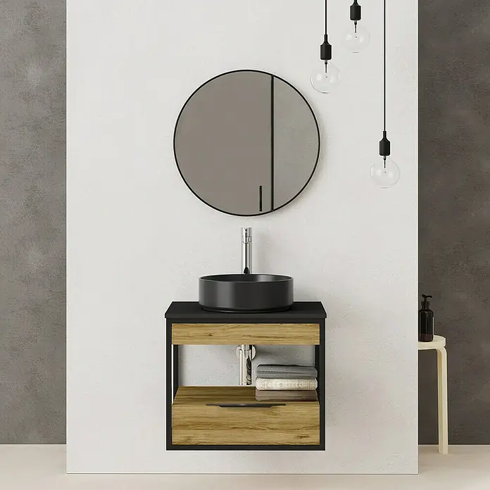 Artysan Conjunto de mueble de baño Izaro - Ancho: 60 cm, 3 pzs., Roble/Negro, Mate - Baño moderno con mueble de madera, espejo redondo y lavabo negro sobre la encimera negra.