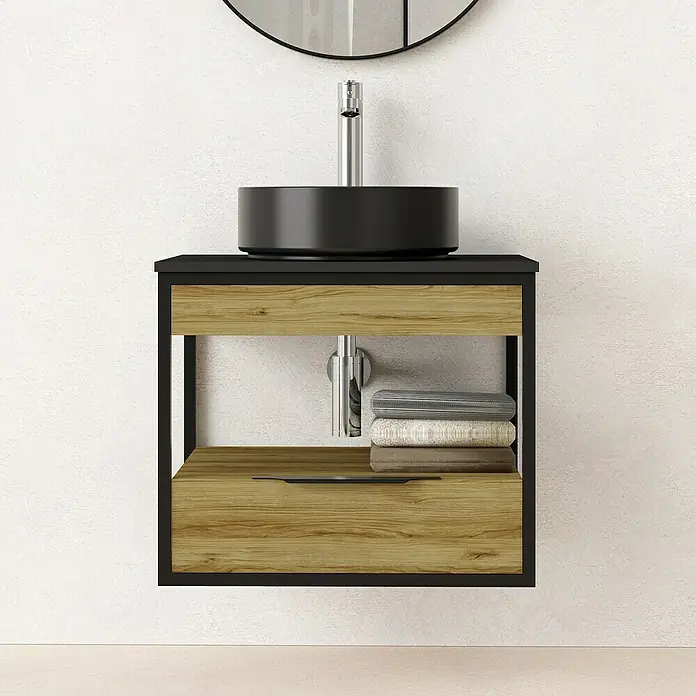 Artysan Conjunto de mueble de baño Izaro - Ancho: 60 cm, 3 pzs., Roble/Negro, Mate - Elegante mueble de baño con lavabo sobre encimera negro y estante de madera abierto. Mueble práctico para baños modernos.