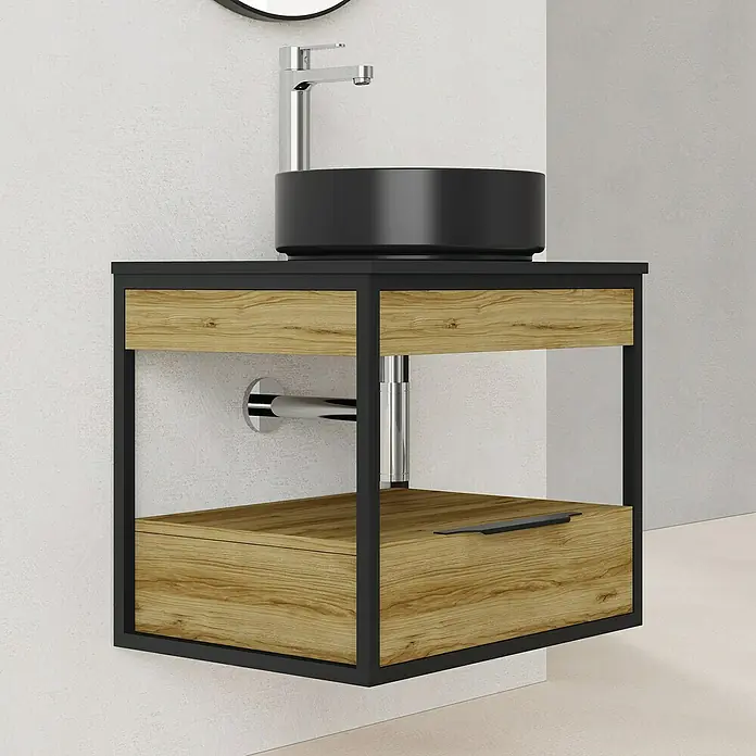 Artysan Conjunto de mueble de baño Izaro - Ancho: 60 cm, 3 pzs., Roble/Negro, Mate - Elegante lavabo de baño con mueble de madera y marco negro. Diseño elegante para baños modernos.