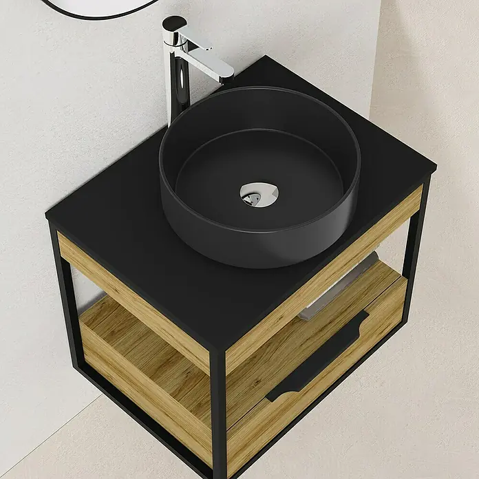 Artysan Conjunto de mueble de baño Izaro - Ancho: 60 cm, 3 pzs., Roble/Negro, Mate - Lavabo negro sobre tocador moderno con acabado de madera y estructura negra. Diseño elegante para el baño.