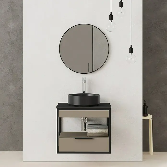 Artysan Espejo con marco Izaro - 60 x 60 cm, Diámetro: 60 cm, Negro - Mueble de baño moderno con gabinete, espejo redondo y lámparas colgantes elegantes. Un diseño elegante para un ambiente de baño contemporáneo.