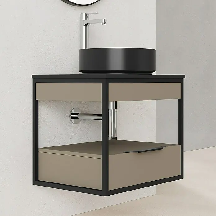 Artysan Conjunto de mueble de baño Izaro - Ancho: 60 cm, 3 pzs., Fango/Negro, Mate - Lavabo moderno con tocador en negro y beige. El lavabo es redondo y negro, mientras que el tocador tiene dos cajones.