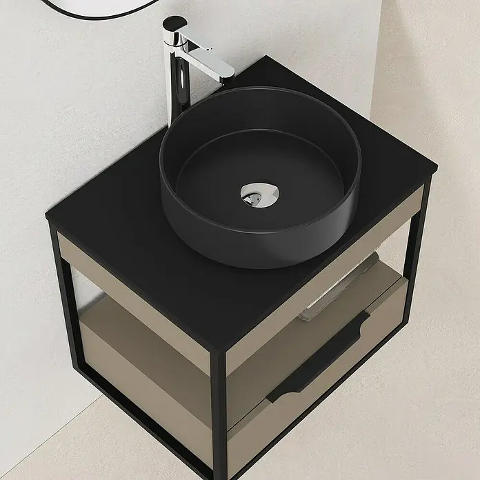 Artysan Conjunto de mueble de baño Izaro - Ancho: 60 cm, 3 pzs., Fango/Negro, Mate - Elegante lavabo de baño con cerámica negra y un moderno mueble bajo. Ideal para un ambiente de baño elegante.