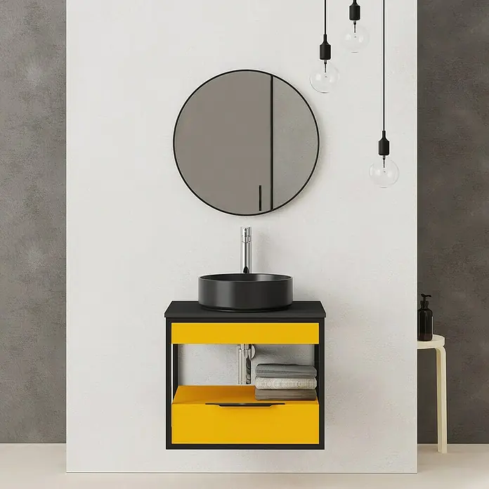 Artysan Conjunto de mueble de baño Izaro - Ancho: 60 cm, 3 pzs., Mostaza/Negro, Mate - Elegante lavabo de baño con mueble negro y amarillo, complementado con un espejo redondo y luces colgantes decorativas para un ambiente moderno.