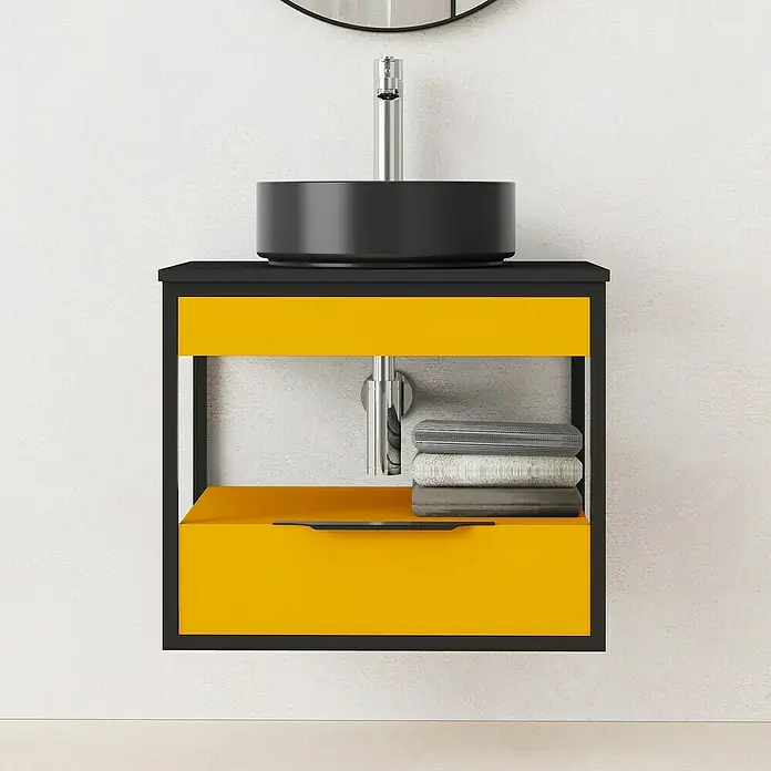 Artysan Conjunto de mueble de baño Izaro - Ancho: 60 cm, 3 pzs., Mostaza/Negro, Mate - Elegante mueble de baño negro y amarillo con lavabo redondo y toallas.