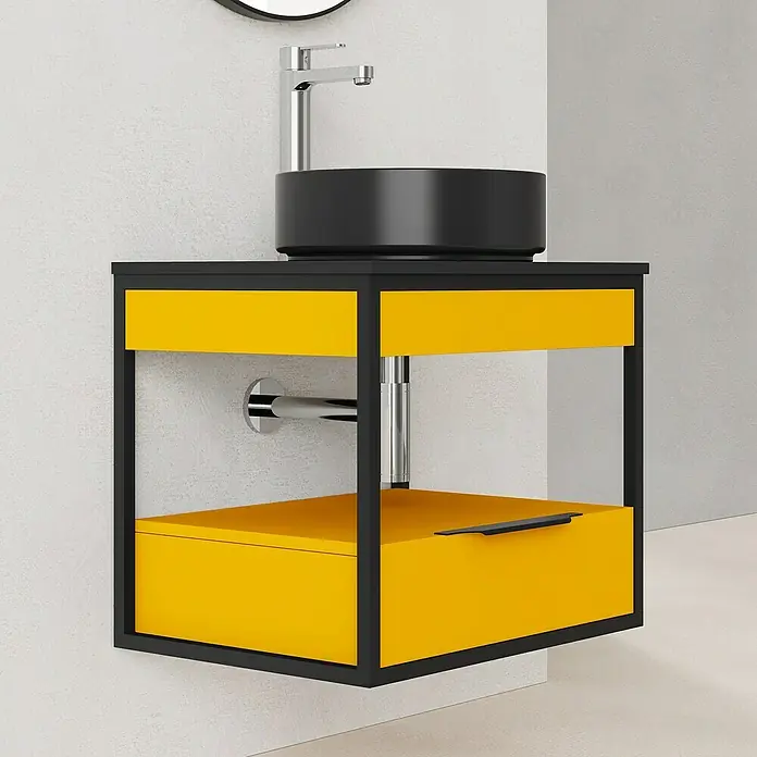 Artysan Conjunto de mueble de baño Izaro - Ancho: 60 cm, 3 pzs., Mostaza/Negro, Mate - Conjunto de tocador de baño moderno con un lavabo sobre encimera negro y un tocador amarillo con cajón.