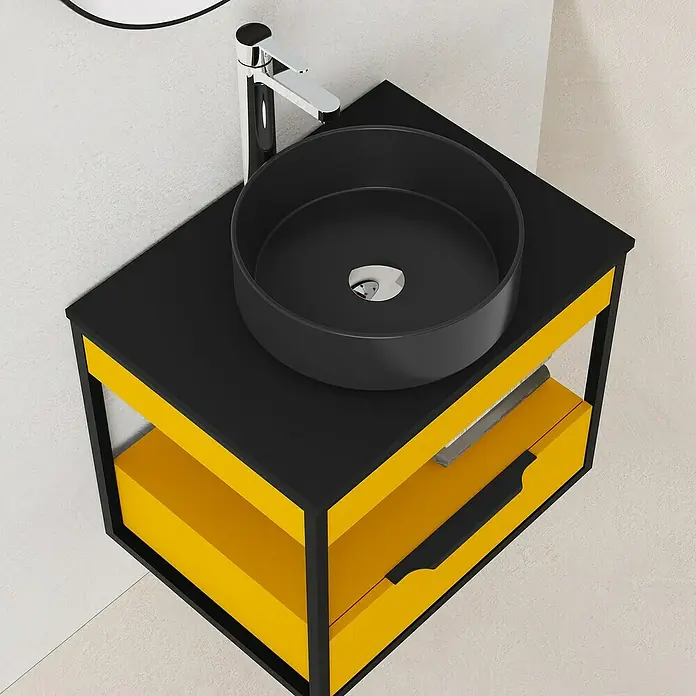 Artysan Conjunto de mueble de baño Izaro - Ancho: 60 cm, 3 pzs., Mostaza/Negro, Mate - Lavabo moderno con lavabo redondo negro y mueble amarillo. Diseño elegante para un baño elegante con grifo cromado.