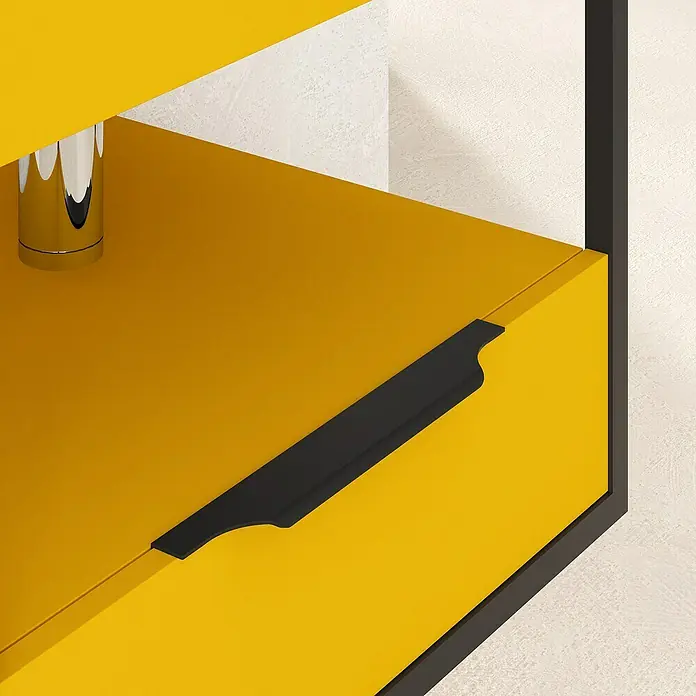Artysan Conjunto de mueble de baño Izaro - Ancho: 60 cm, 3 pzs., Mostaza/Negro, Mate - Vista detallada de una moderna cajonera amarilla con un elegante tirador negro y diseño minimalista.