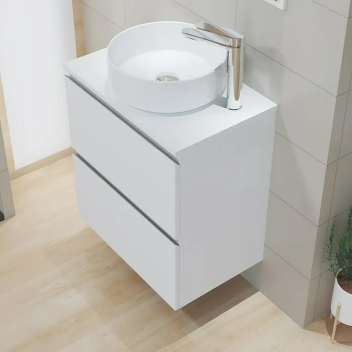 Artysan Mueble bajo de lavabo Cíes - L x An x Al: 38,6 x 60 x 64 cm, Blanco - Lavabo de baño blanco con dos cajones y un lavabo redondo sobre encimera, con grifo moderno.
