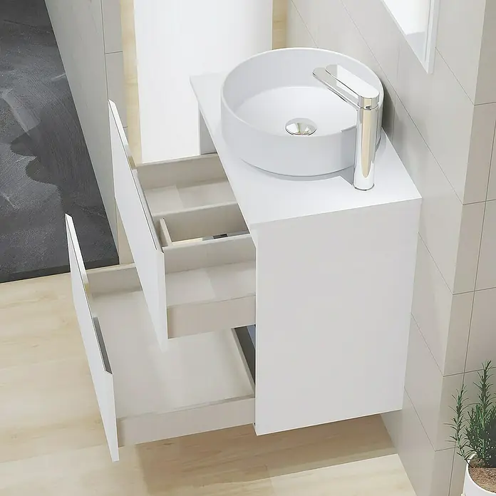 Artysan Mueble bajo de lavabo Cíes - L x An x Al: 38,6 x 60 x 64 cm, Blanco - Tocador de baño moderno con lavabo redondo y dos cajones abiertos, diseño minimalista para un baño elegante.