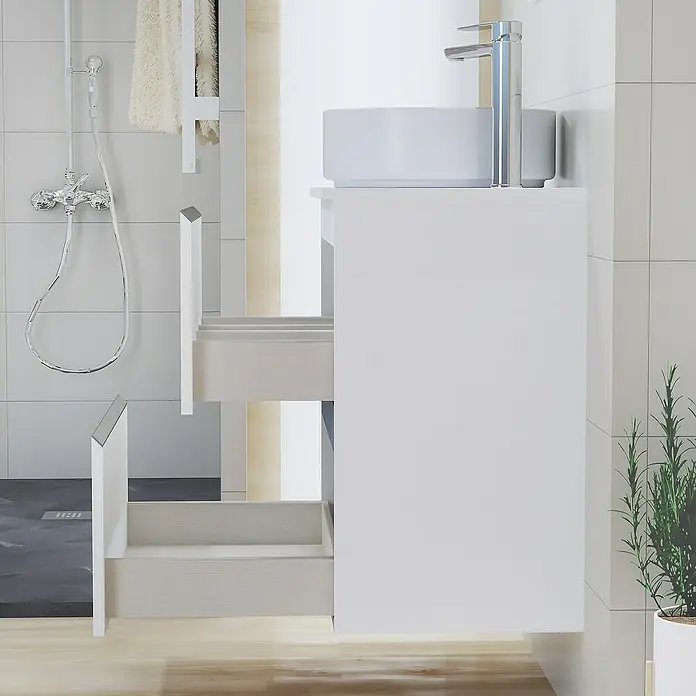 Artysan Mueble bajo de lavabo Cíes - L x An x Al: 38,6 x 60 x 64 cm, Blanco - Un mueble de baño con un diseño de cajón abierto debajo de un moderno lavabo de vasija y grifo.